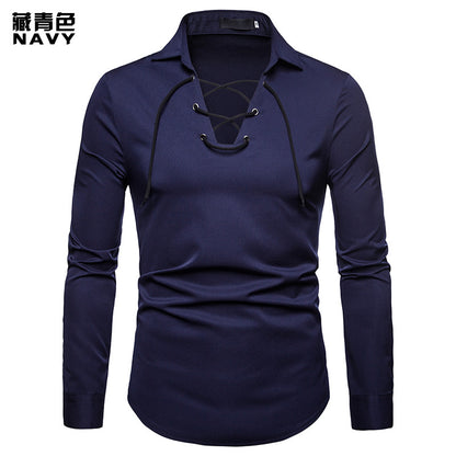 Men Turnover Collar Tied Straps Long Sleeves T-Shirt