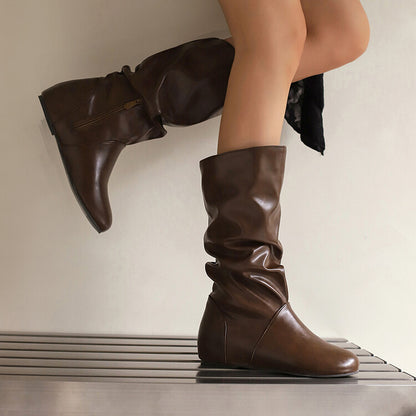 Women's Pleated Round Toe Increased Internal Mid-Calf Boots