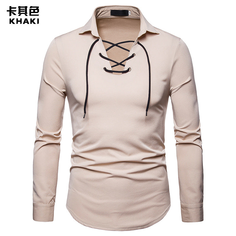 Men Turnover Collar Tied Straps Long Sleeves T-Shirt