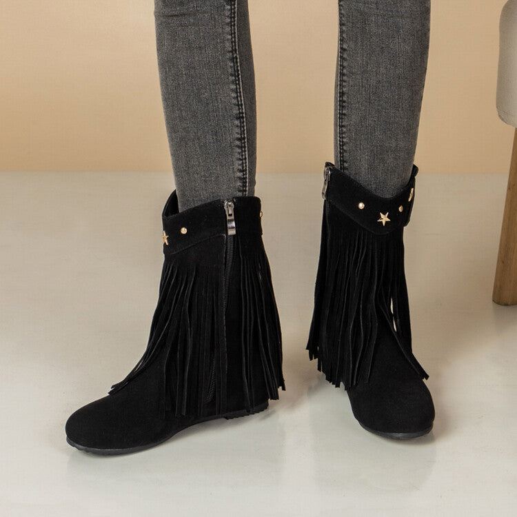 Women's Tassel Round Toe Increased Internal Mid Calf Boots