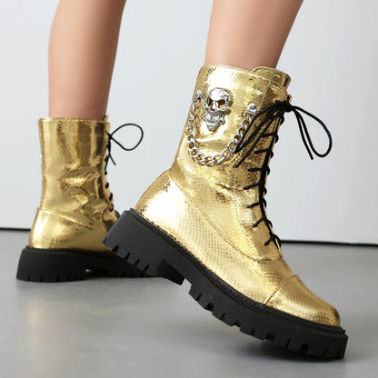 Women's Glossy Chains Round Toe Flat Platform Short Boots