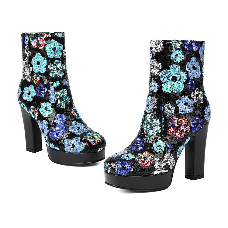 Women's Flowers Sequins Square Toe Square Heel Platform Ankle Boots