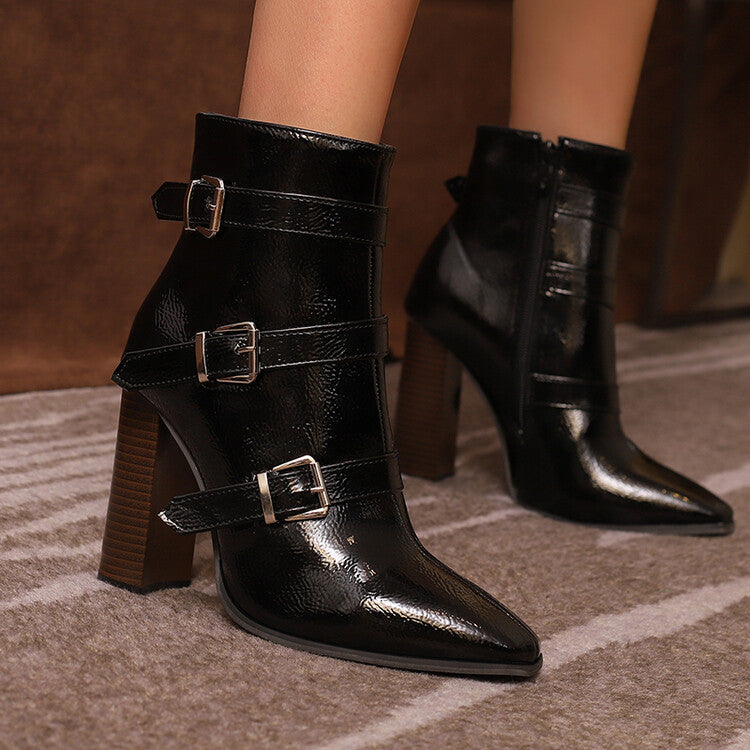 Women's Snake Pattern Buckle Strap Pointed Toe Square Heel Short Boots