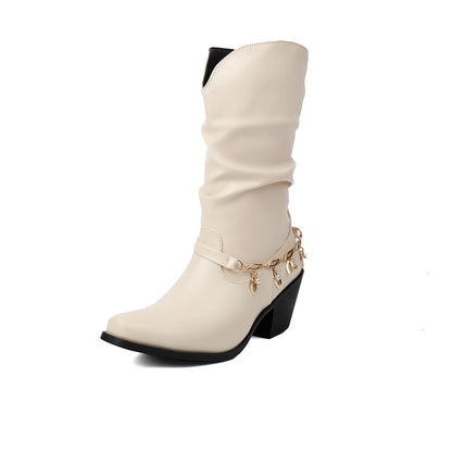 Women's Chains Pointed Toe Mid-Calf Western Boots