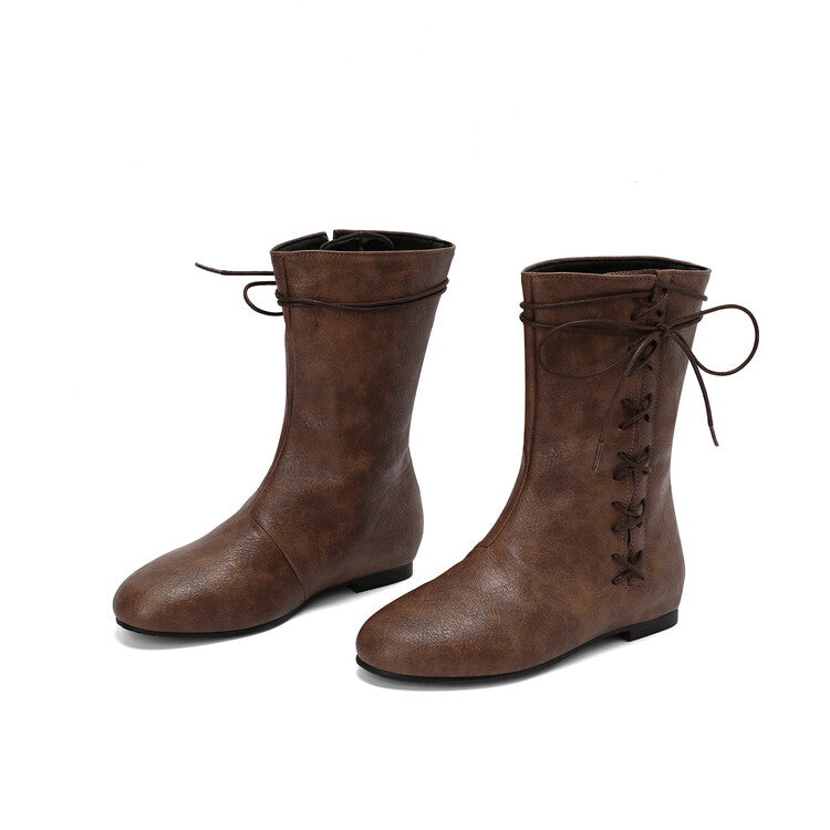 Women'S Lace-Up Round Toe Flat Mid Calf Boots