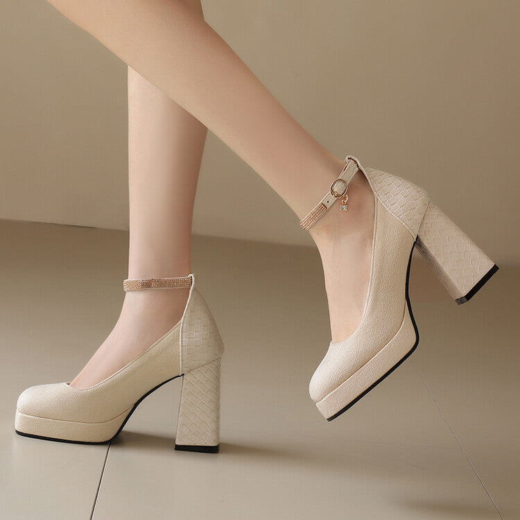 Women's Ankle Strap Square Toe High Heel Platform Pumps