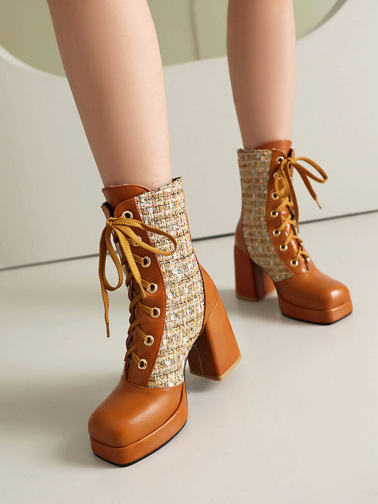 Women's Square Toe Lace-up Platform High Heel Ankle Boots