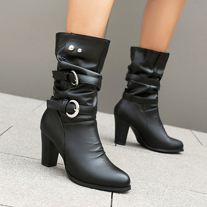 Women's Leopord Pattern Buckle Strap Round Toe Block Heel Mid Calf Boots