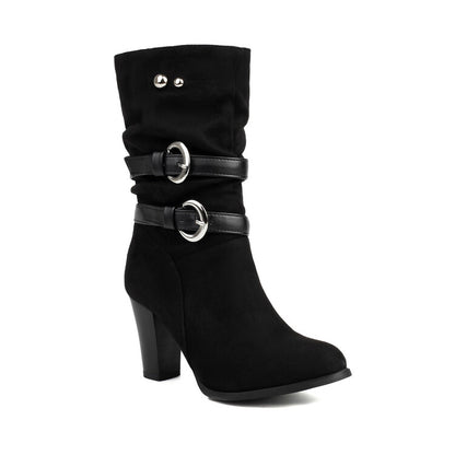 Women's Leopord Pattern Buckle Strap Round Toe Block Heel Mid Calf Boots