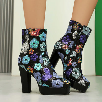 Women's Flowers Sequins Square Toe Square Heel Platform Ankle Boots