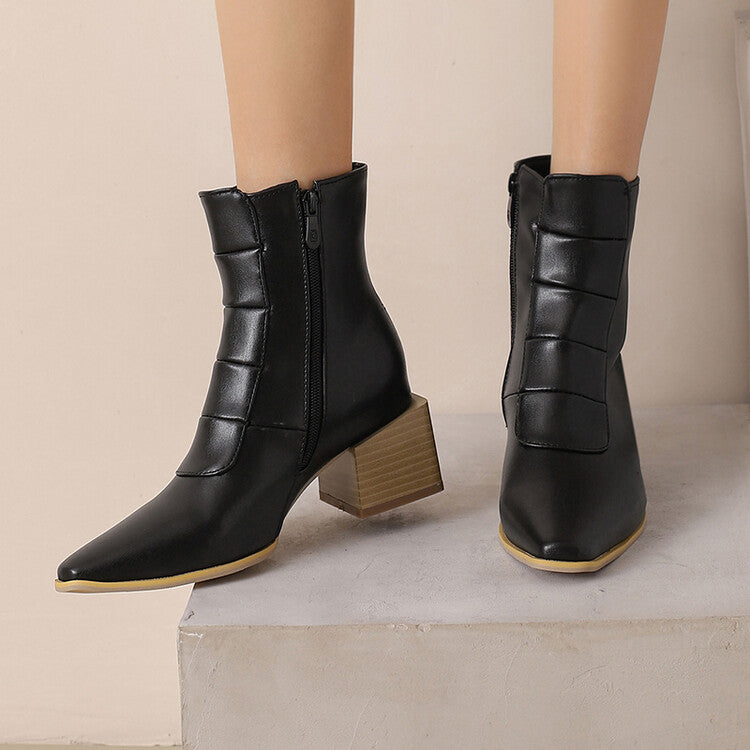 Women's Snake Pattern Pointed Toe Square Heel Short Boots