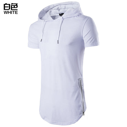 Men Short Sleeves Drawstring Hoody Long T-Shirt