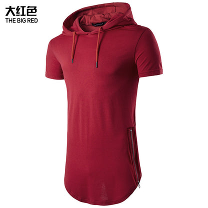 Men Short Sleeves Drawstring Hoody Long T-Shirt