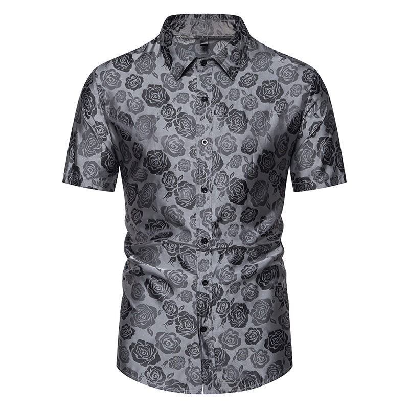 Men Floral Fabric Glossy Turnover Collar Short Sleeves Shirt