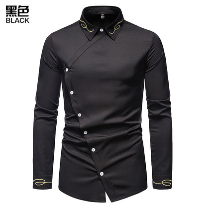 Men Embroidery Turnover Collar Asymmetry Long Sleeves Shirt