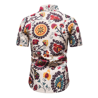 Men Turnover Collar Patchwork Short Sleeves Sandbeach Shirt