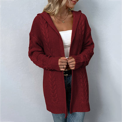 Women's Cardigans Kniting Plain Hoods Twist Long Sleeves