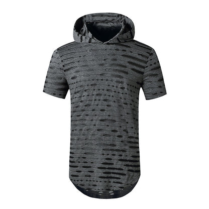 Men Holes Short Sleeves Stripes Hoody T-Shirt