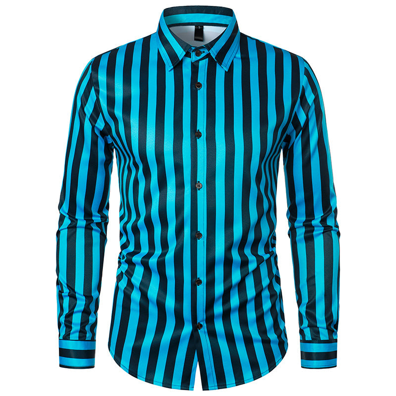 Men Turnover Collar Bicolor Stripes Long Sleeves Shirt