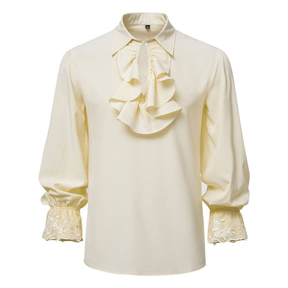 Men Ruffles Embroidery Turnover Collar Long Sleeves Shirt