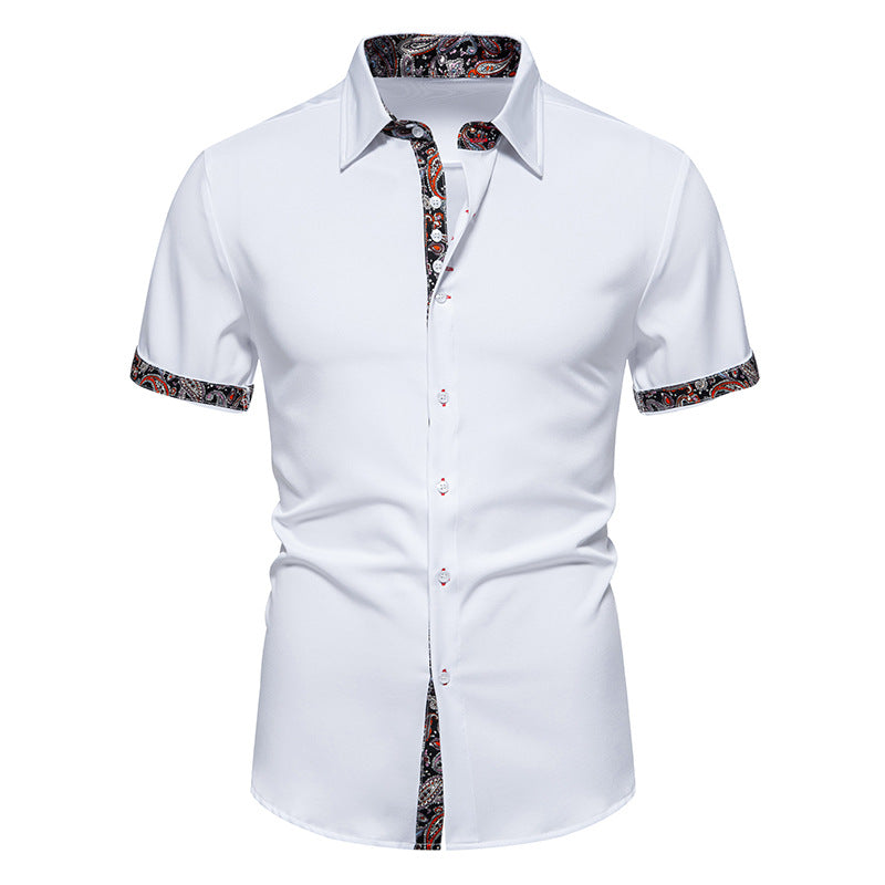 Men Floral Fabric Turnover Collar Short Sleeves Shirt