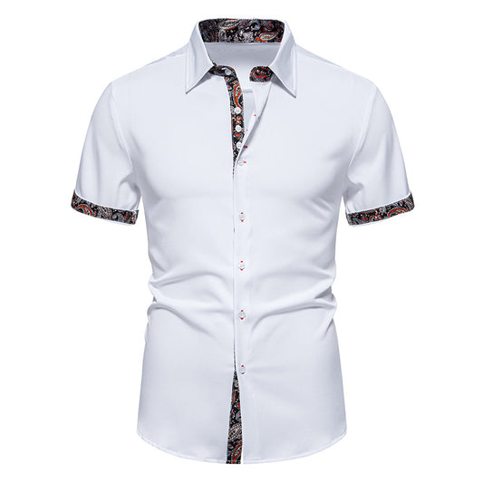 Men Floral Fabric Turnover Collar Short Sleeves Shirt