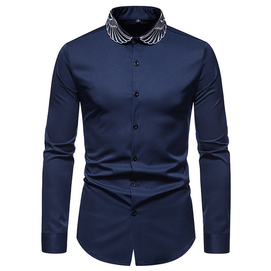 Men Embroidery Wings Turnover Collar Long Sleeves Shirt