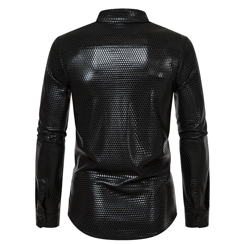 Men Turnover Collar Lattice Glossy Long Sleeves Shirt