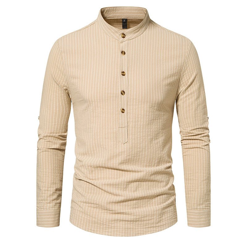 Men Turtleneck Buttons Stripes Long Sleeves T-Shirt