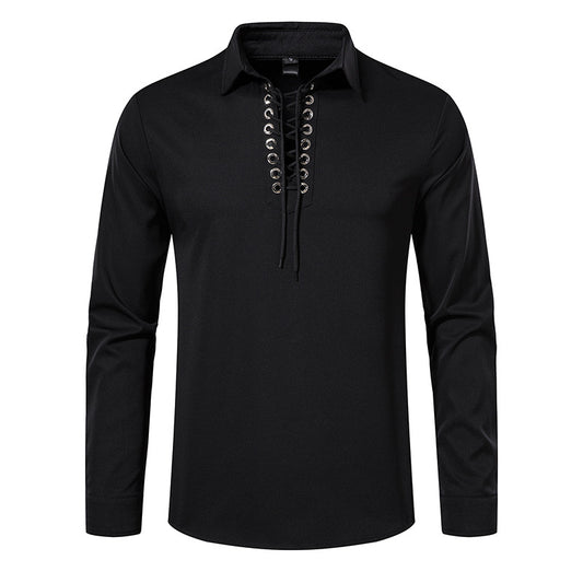 Men Turnover Collar Tied Straps Long Sleeves T-Shirt