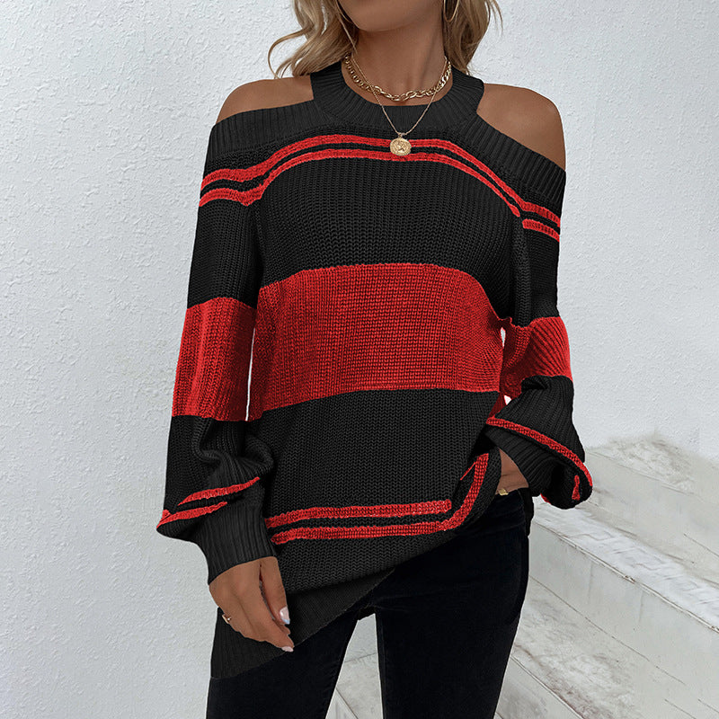 Women Sweaters Kniting Round Collar Pullover Bicolor Off Shoulder Strip