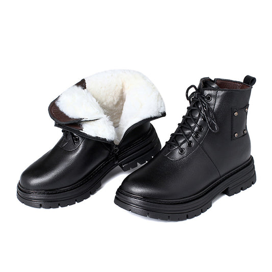 Women's Ankle Boots Lace-Up Warm Wool Fluff Flats Booties