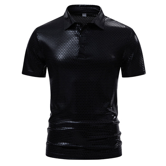 Men Turnover Collar Buttons Ombre Glossy Short Sleeves T-Shirt