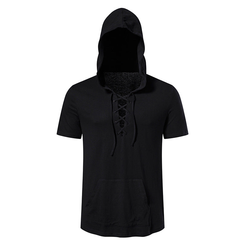 Men Short Sleeves Drawstring Hoody T-Shirt