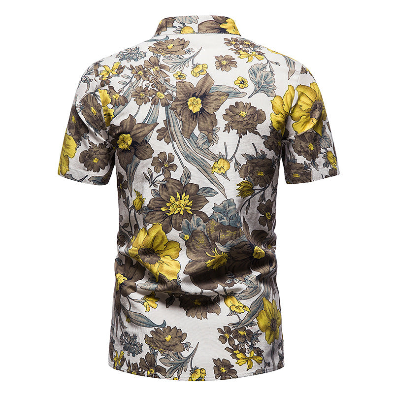 Men Turtleneck Floral Fabric Prints Short Sleeves Shirt