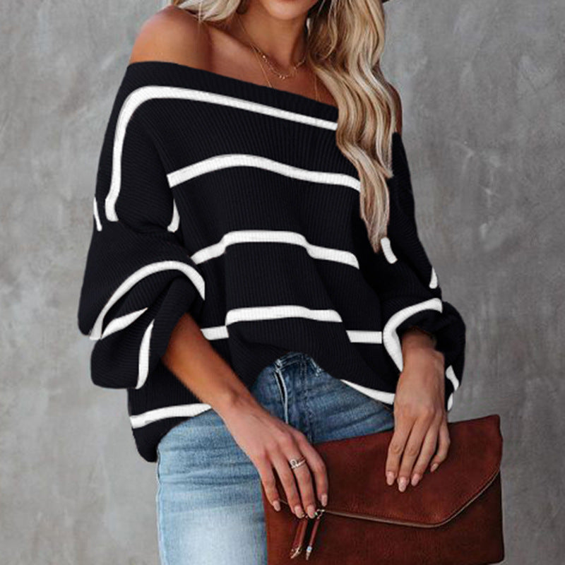 Women Sweaters Kniting Pullover Stripes Off Shoulder Long Sleeve