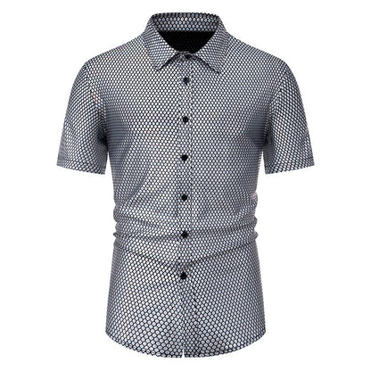 Men Turnover Collar Rhomboid Lattice Glossy Short Sleeves Shirt