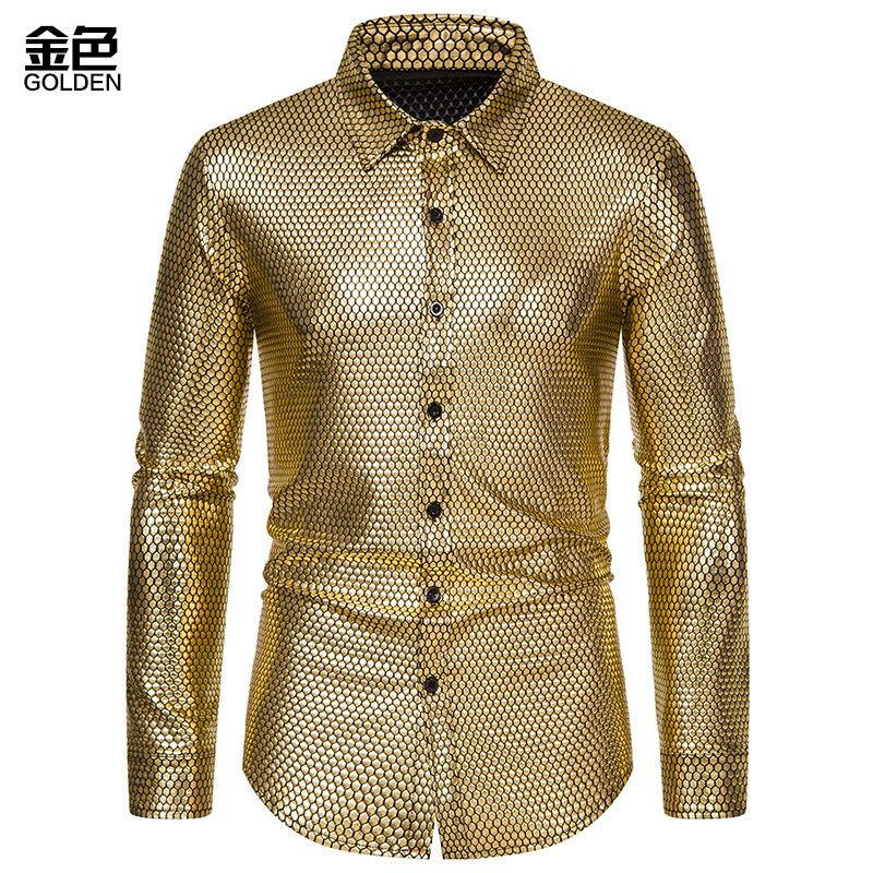 Men Turnover Collar Lattice Glossy Long Sleeves Shirt