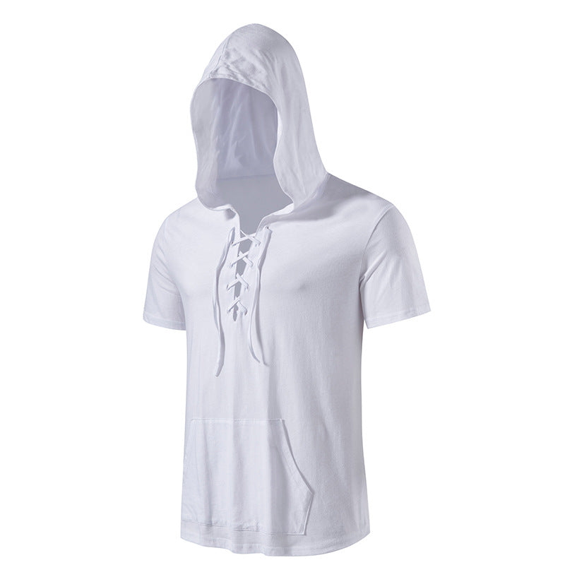 Men Short Sleeves Drawstring Hoody T-Shirt