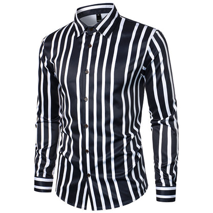 Men Turnover Collar Bicolor Stripes Long Sleeves Shirt