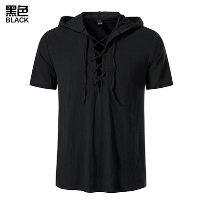 Men Tied Straps Short Sleeves Hoodie T-Shirt