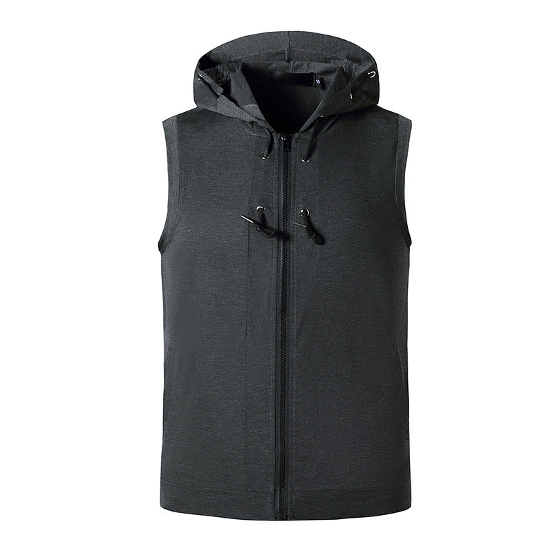 Men Slim Zippers Sleeveless Drawstring Hoody T-Shirt