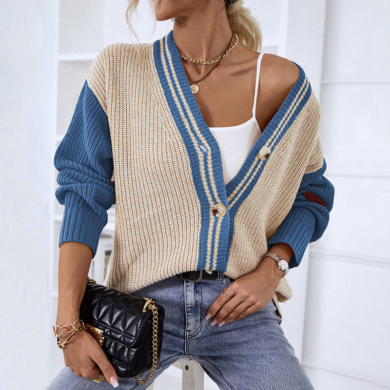Women's Cardigans Kniting Bicolor Stripes Buttons