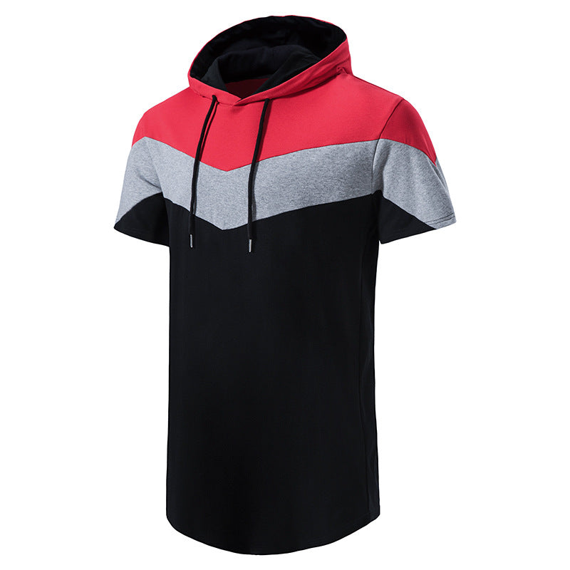 Men Patchwork Short Sleeves Drawstring Hoody T-Shirt