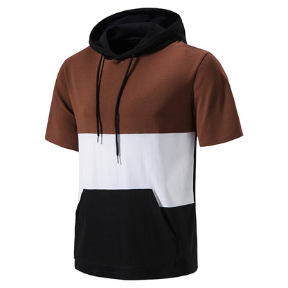 Men Patchwork Pockets Short Sleeves Drawstring Hoody T-Shirt