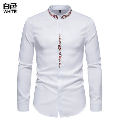 Men Embroidery Floral Fabric Turtleneck Long Sleeves Shirt