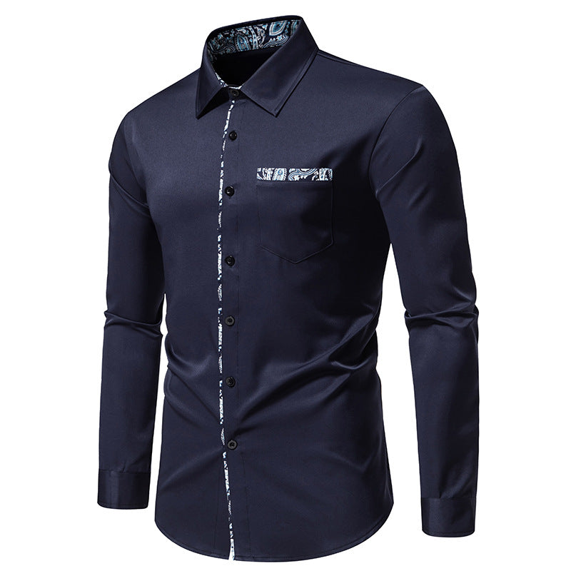 Men Bicolor Patterns Turnover Collar Long Sleeves Shirt