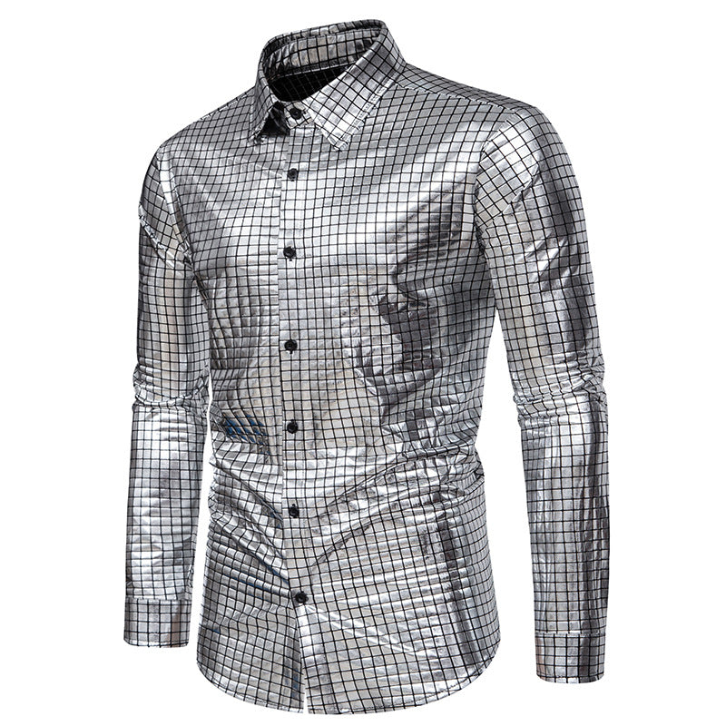 Men Turnover Collar Lattice Glossy Long Sleeves Shirt