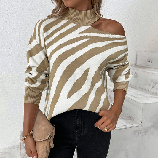 Women Sweaters Kniting High Collar Pullover Bicolor Tiger Off Shoulder Long Sleeve