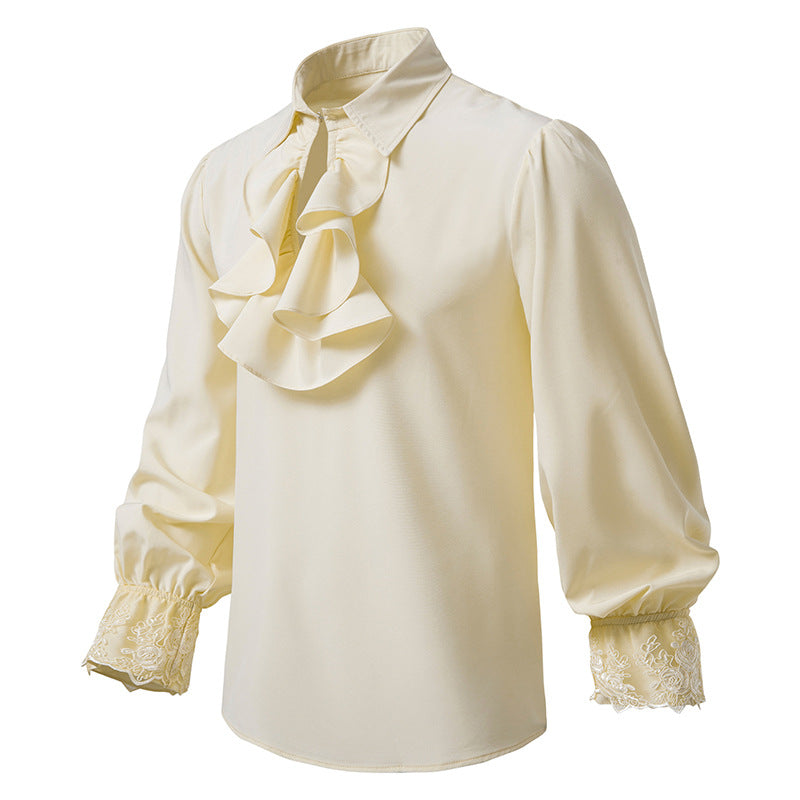 Men Ruffles Embroidery Turnover Collar Long Sleeves Shirt